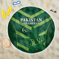 Pakistan cricket beach blanket, green round with white fringe, Pakistan Shaheens graphic