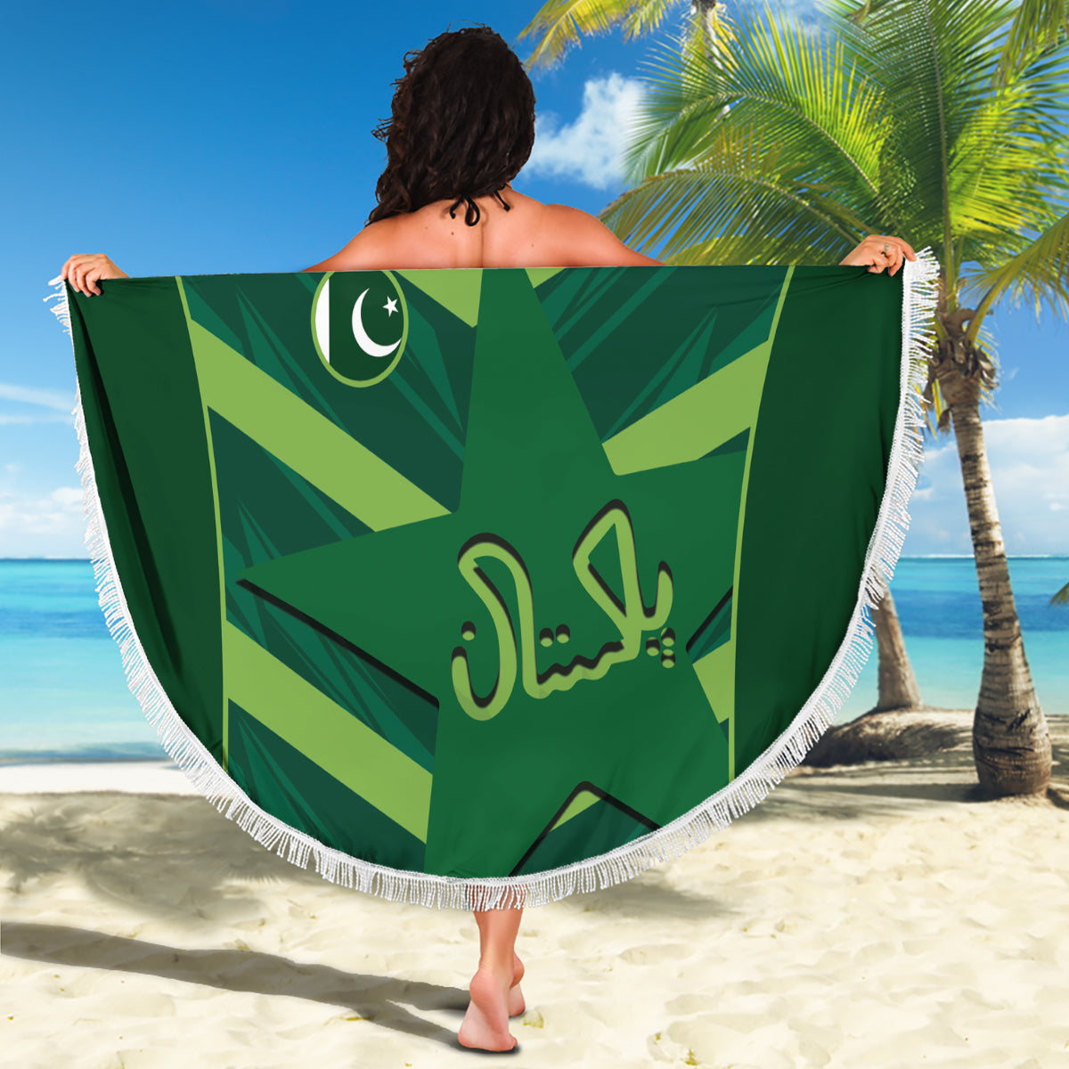 Green round beach blanket with Pakistan Shaheens logo, crescent emblem, and white fringe