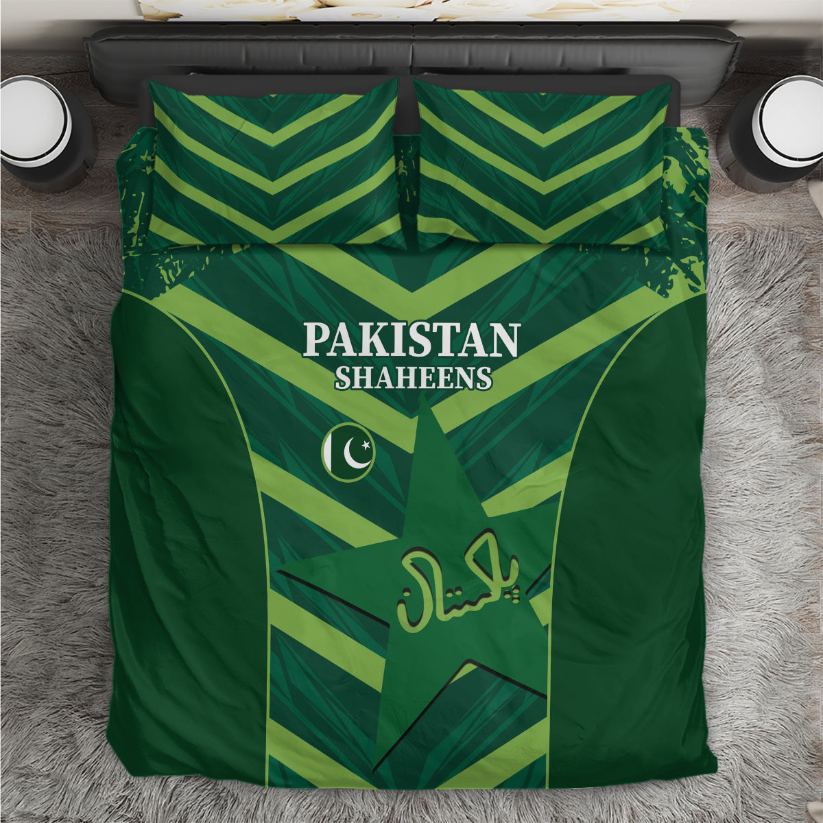 Green bedding set with Pakistan Shaheens text and crescent emblem on duvet, matching pillow shams