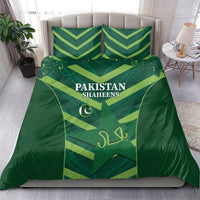 Green Pakistan Shaheens bedding set with crescent emblem on duvet and chevron pillow shams