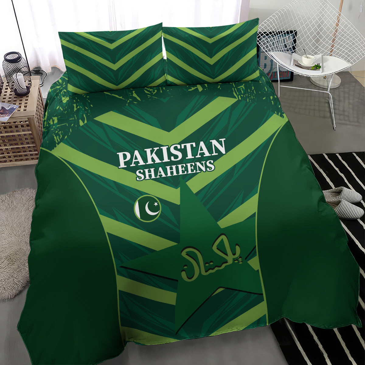 Green Pakistan Shaheens bedding set with crescent emblem and bold chevron pattern on duvet
