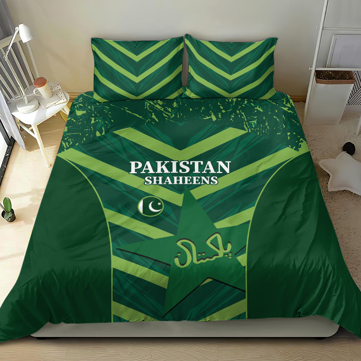 Green bedding set with Pakistan Shaheens text, crescent emblem, and matching pillow shams