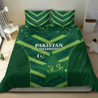 Green bedding set with Pakistan Shaheens text, crescent emblem, and matching pillow shams