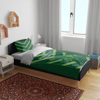 Green Pakistan Shaheens bedding set with chevron duvet and matching pillow shams