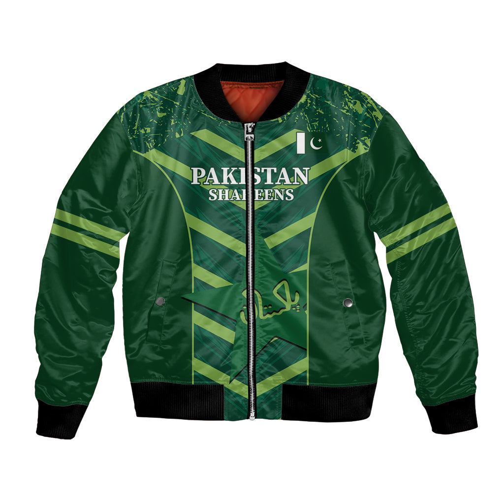 Green bomber jacket, full zip, ribbed hem; front Pakistan Shaheens emblem
