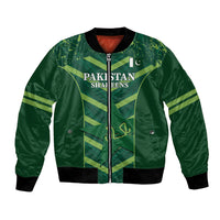 Green bomber jacket, full zip, ribbed hem; front Pakistan Shaheens emblem