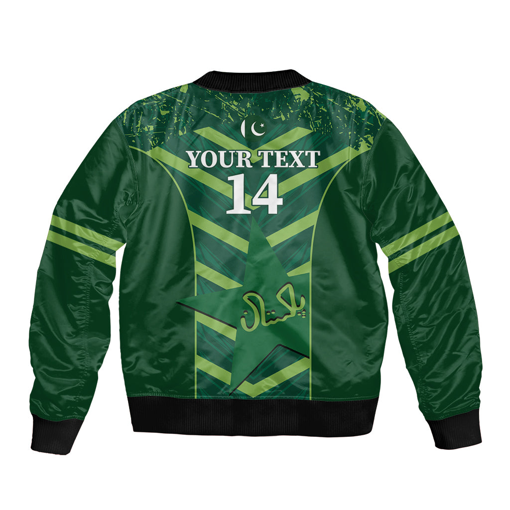 Green bomber jacket, full back design with your text and number 14; ribbed hem