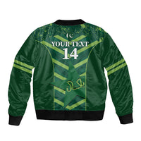 Green bomber jacket, full back design with your text and number 14; ribbed hem