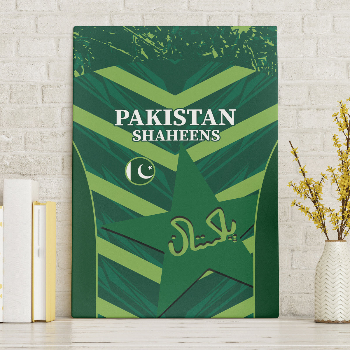 Green canvas wall art with PAKISTAN SHAHEENS text and flag emblem