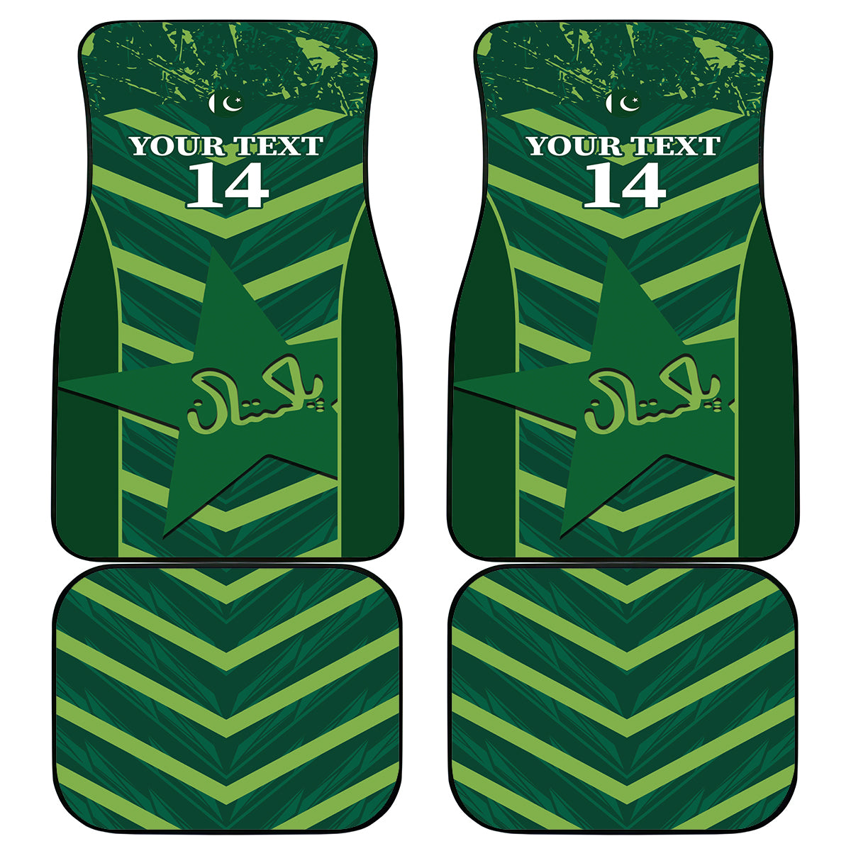 Green car floor mats set with bold chevron pattern and number 14 graphic