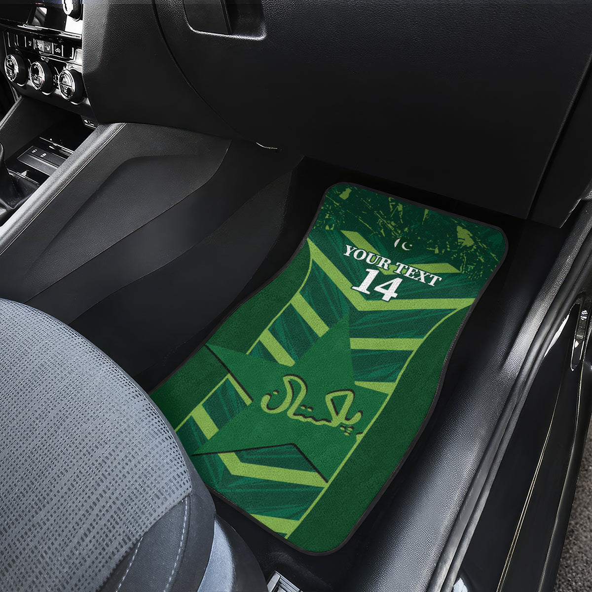 Green car floor mat with chevron design and number 14 graphic on the rear seat