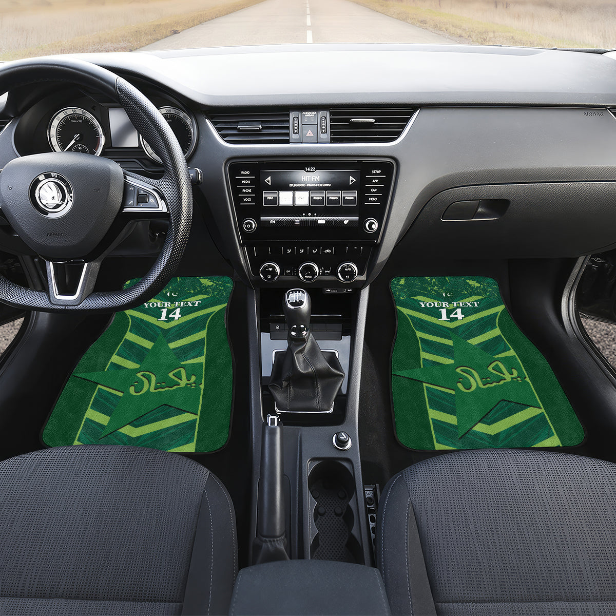 Green front car floor mats with chevron pattern and number 14 graphics