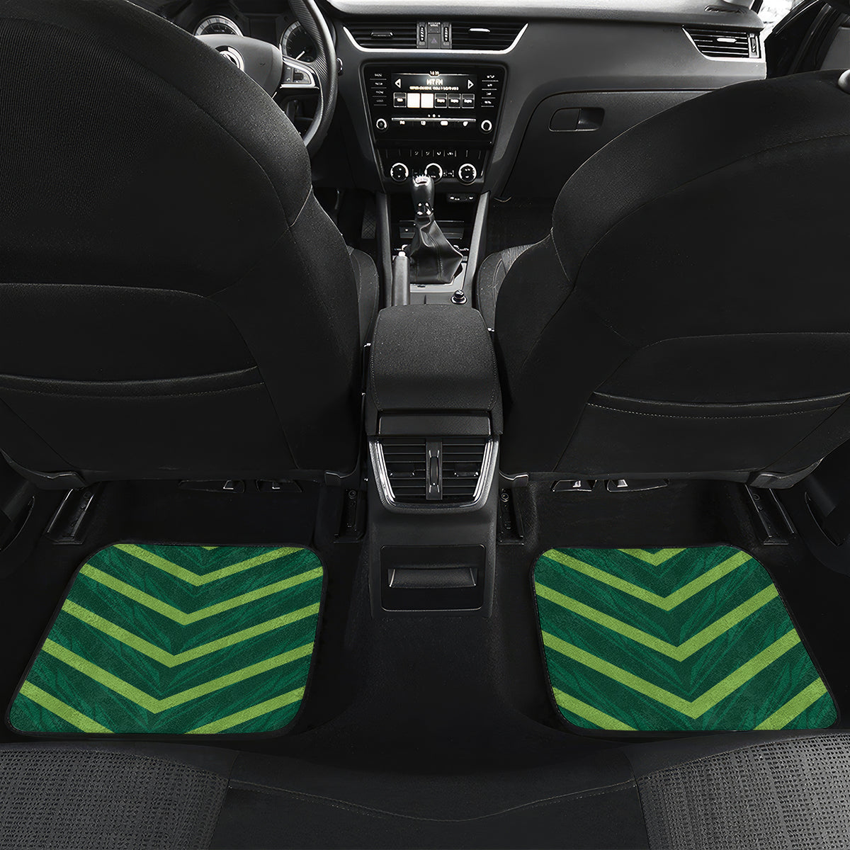 Green rear car floor mats with chevron pattern and number 14 graphics
