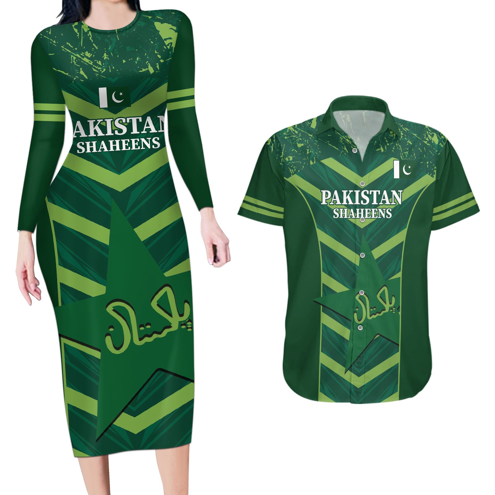 Custom Pakistan Cricket Couples Matching Long Sleeve Bodycon Dress and Hawaiian Shirt 2024 World Cup Go Shaheens - Wonder Print Shop