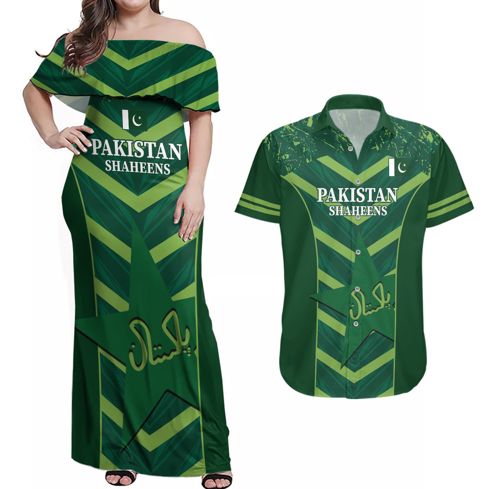 Custom Pakistan Cricket Couples Matching Off Shoulder Maxi Dress and Hawaiian Shirt 2024 World Cup Go Shaheens - Wonder Print Shop