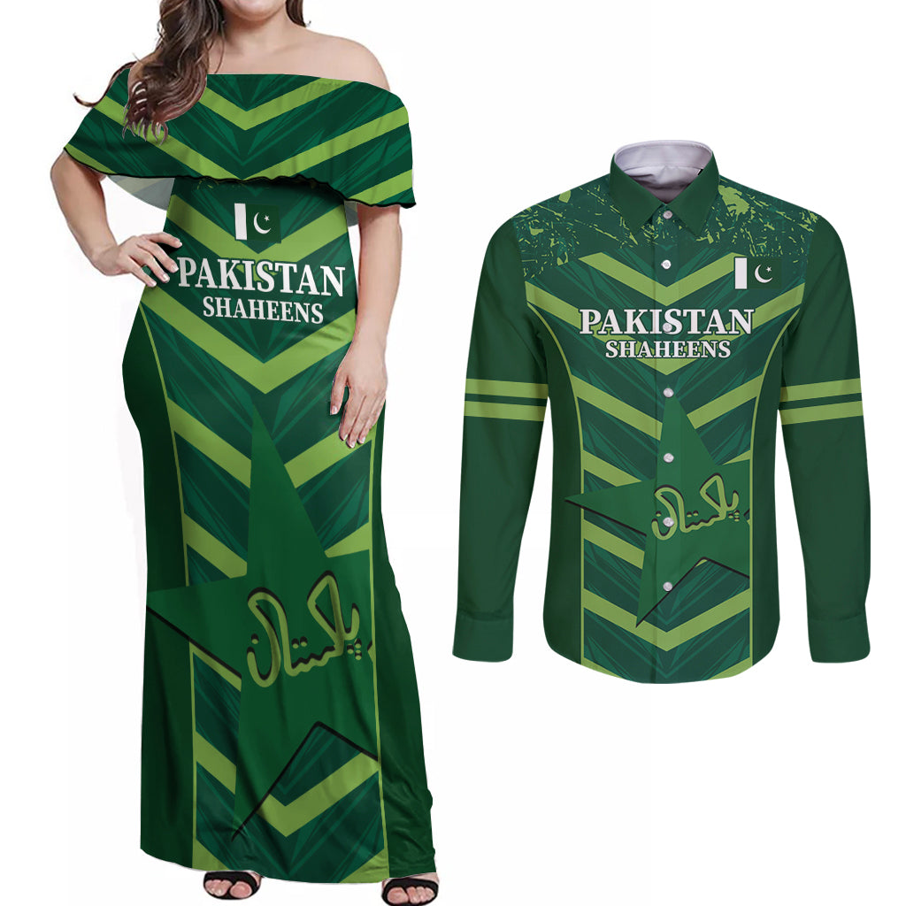 Custom Pakistan Cricket Couples Matching Off Shoulder Maxi Dress and Long Sleeve Button Shirt 2024 World Cup Go Shaheens - Wonder Print Shop