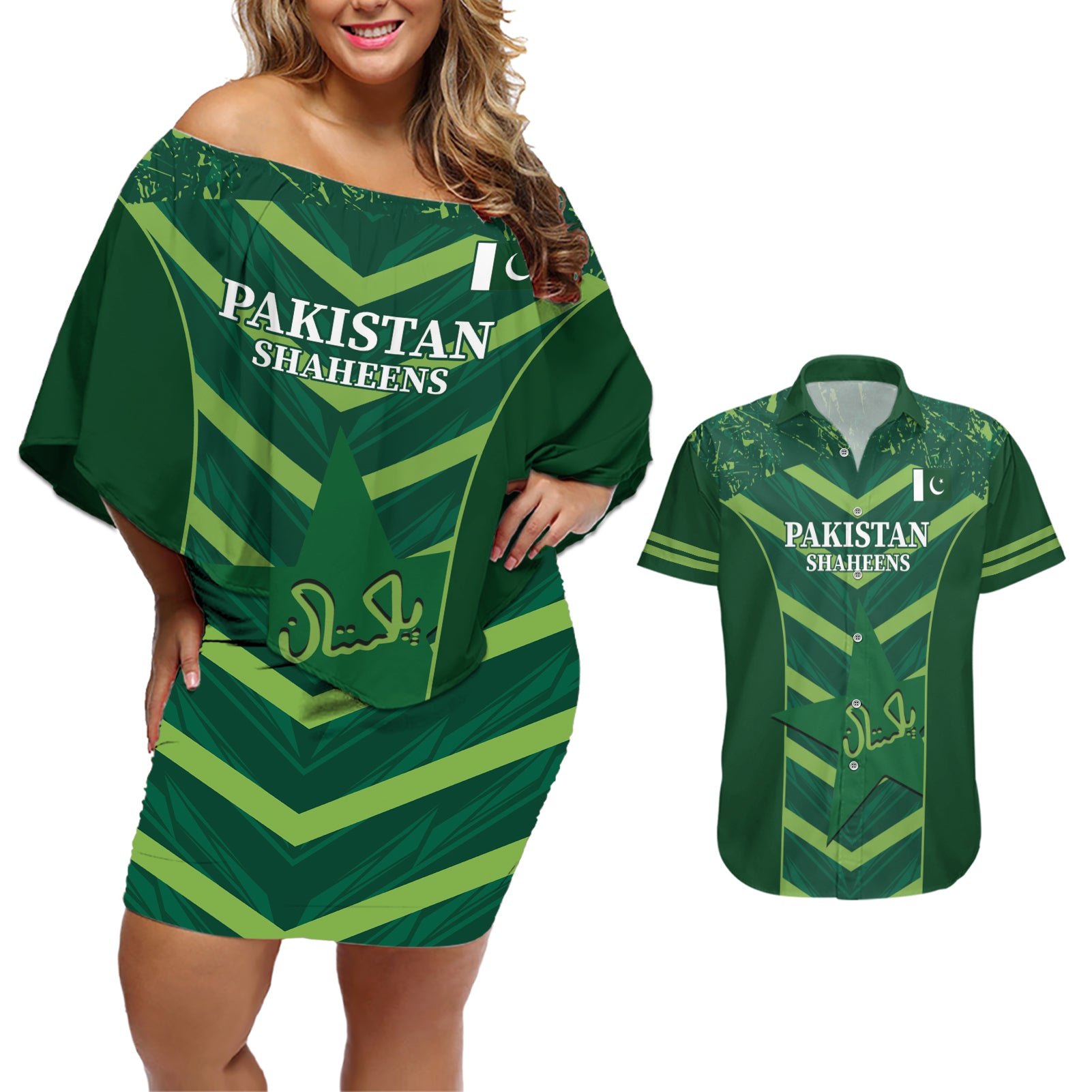 Custom Pakistan Cricket Couples Matching Off Shoulder Short Dress and Hawaiian Shirt 2024 World Cup Go Shaheens - Wonder Print Shop