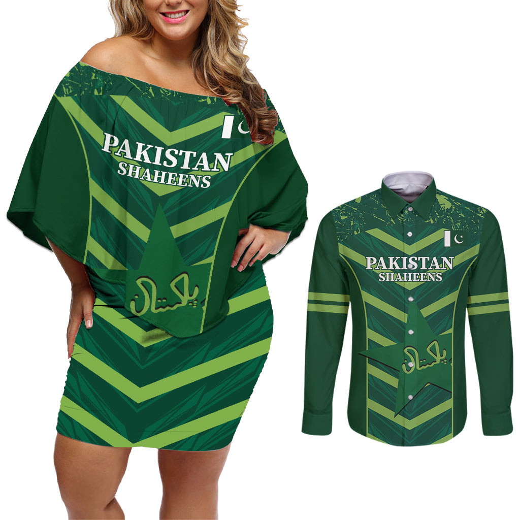 Custom Pakistan Cricket Couples Matching Off Shoulder Short Dress and Long Sleeve Button Shirt 2024 World Cup Go Shaheens - Wonder Print Shop