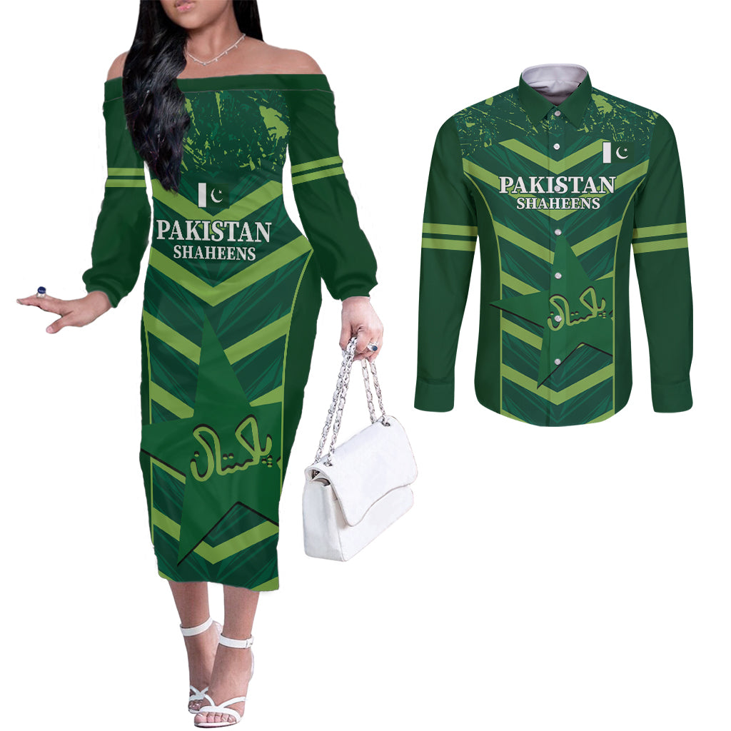 Custom Pakistan Cricket Couples Matching Off The Shoulder Long Sleeve Dress and Long Sleeve Button Shirt 2024 World Cup Go Shaheens