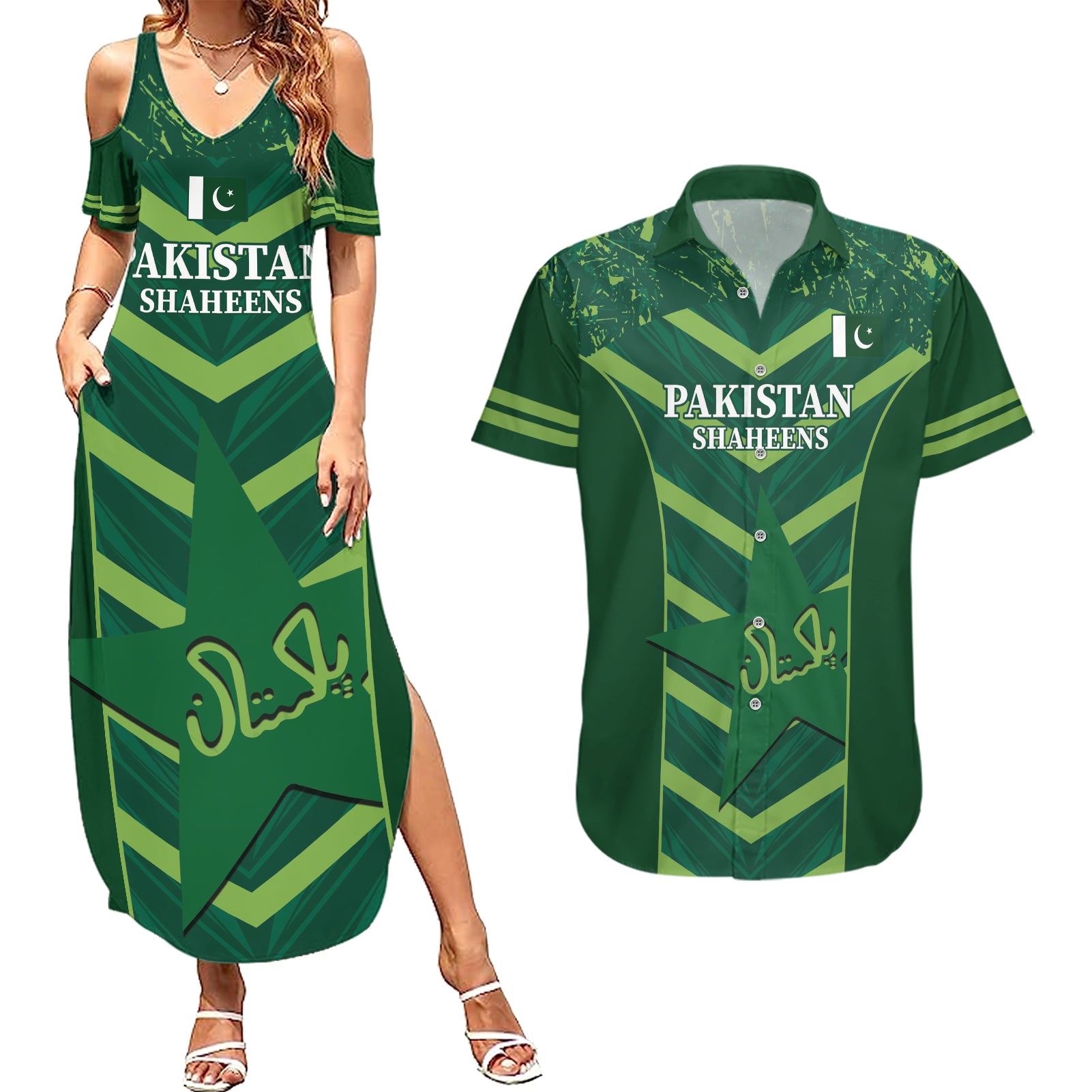 Custom Pakistan Cricket Couples Matching Summer Maxi Dress and Hawaiian Shirt 2024 World Cup Go Shaheens - Wonder Print Shop