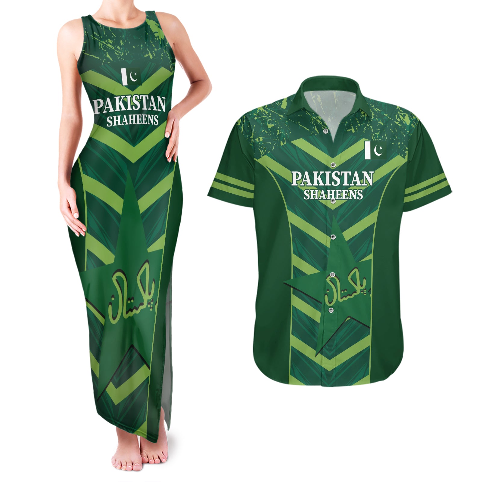 Custom Pakistan Cricket Couples Matching Tank Maxi Dress and Hawaiian Shirt 2024 World Cup Go Shaheens - Wonder Print Shop