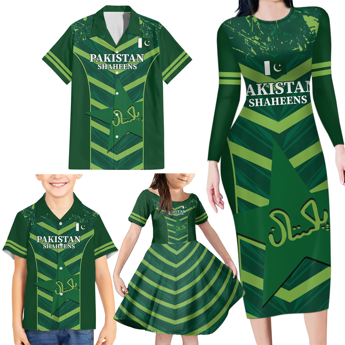 Custom Pakistan Cricket Family Matching Long Sleeve Bodycon Dress and Hawaiian Shirt 2024 World Cup Go Shaheens - Wonder Print Shop