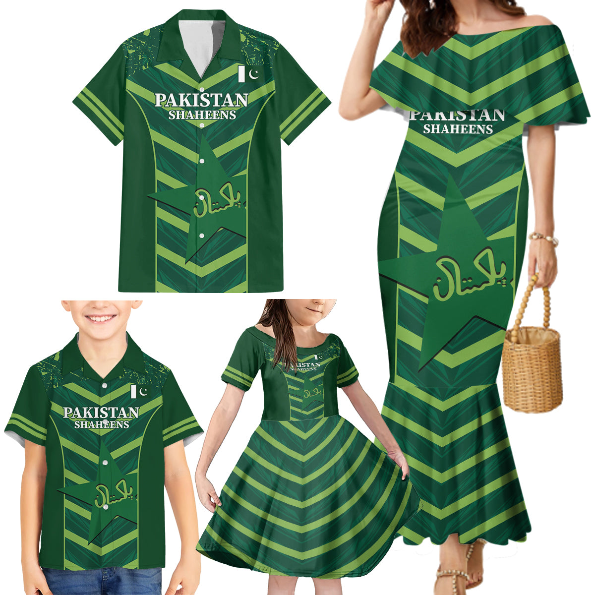 Custom Pakistan Cricket Family Matching Mermaid Dress and Hawaiian Shirt 2024 World Cup Go Shaheens - Wonder Print Shop