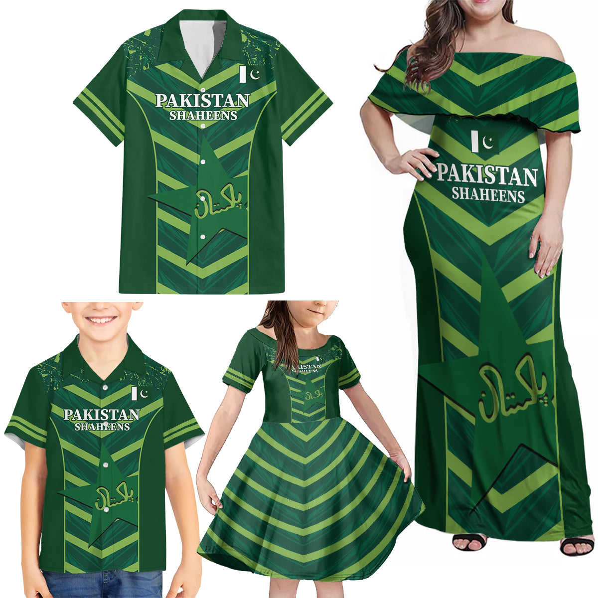 Custom Pakistan Cricket Family Matching Off Shoulder Maxi Dress and Hawaiian Shirt 2024 World Cup Go Shaheens - Wonder Print Shop