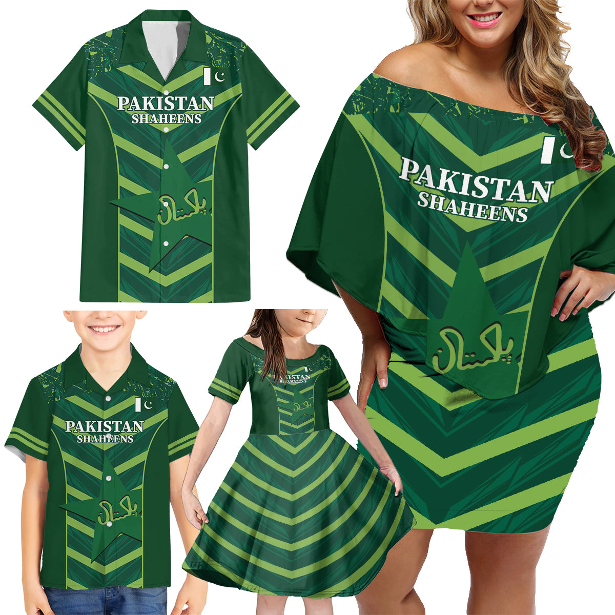 Custom Pakistan Cricket Family Matching Off Shoulder Short Dress and Hawaiian Shirt 2024 World Cup Go Shaheens - Wonder Print Shop