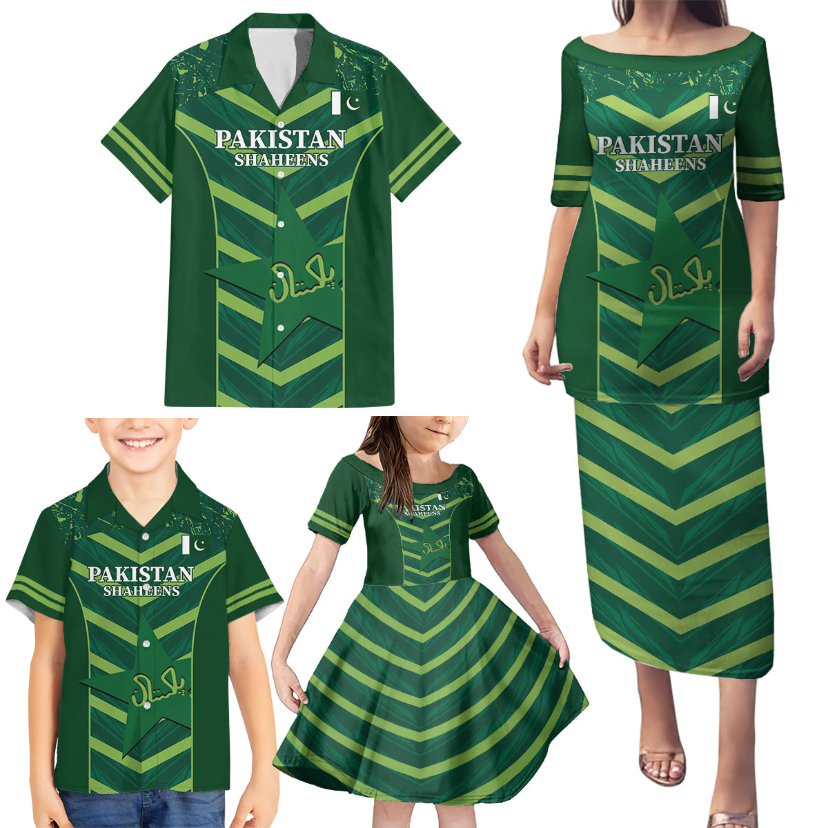 Custom Pakistan Cricket Family Matching Puletasi and Hawaiian Shirt 2024 World Cup Go Shaheens - Wonder Print Shop