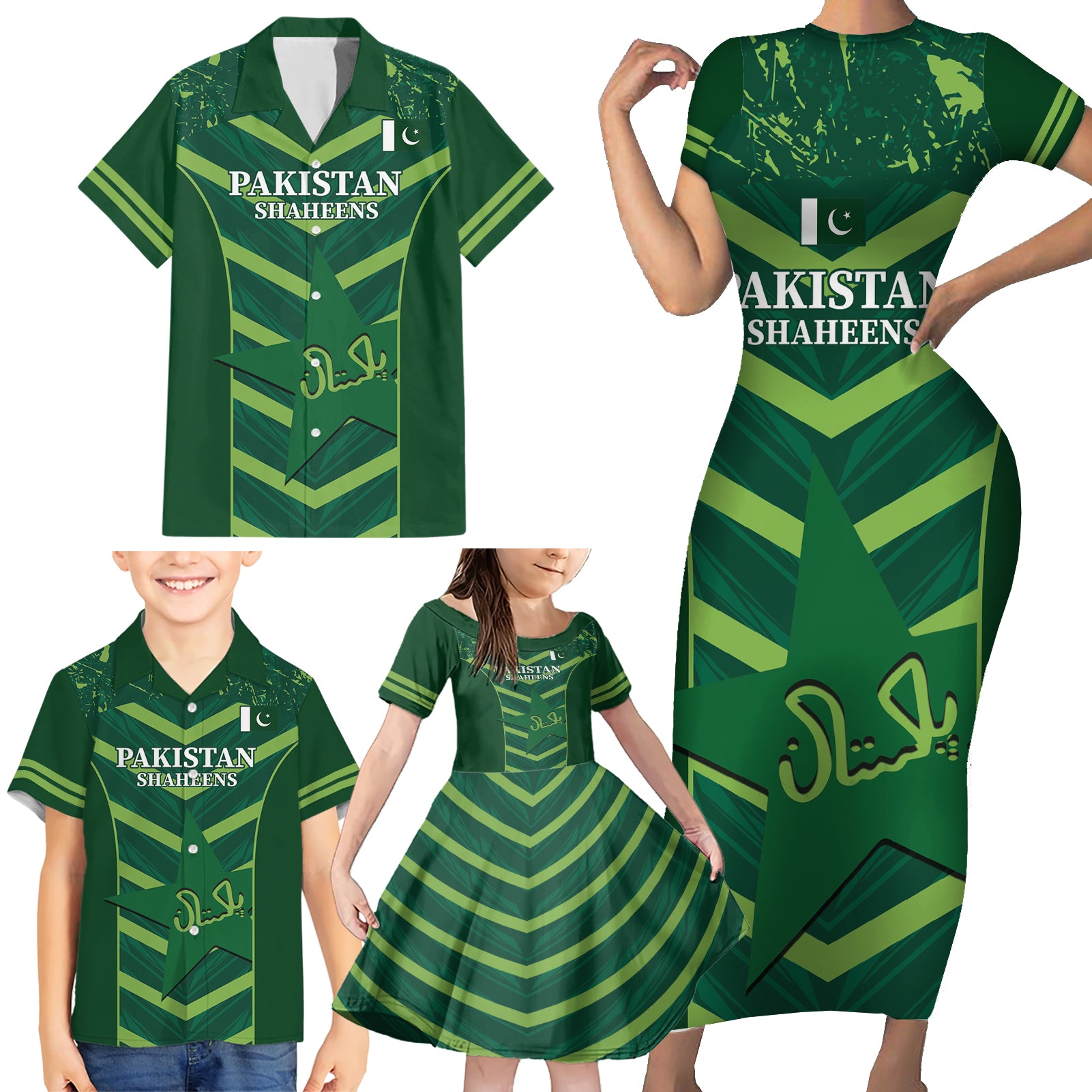 Custom Pakistan Cricket Family Matching Short Sleeve Bodycon Dress and Hawaiian Shirt 2024 World Cup Go Shaheens - Wonder Print Shop