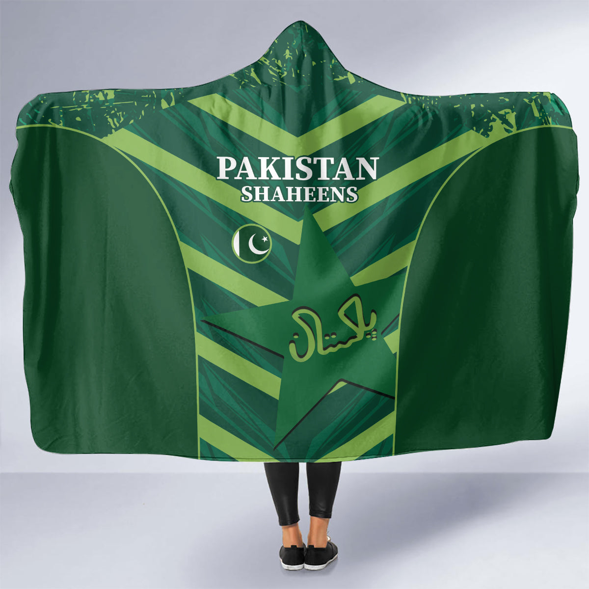 Green hooded blanket with Pakistan Shaheens crest, hood up, cape-like drape