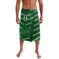 Green patterned cricket lavalava skirt with chevrons and number 14 on front