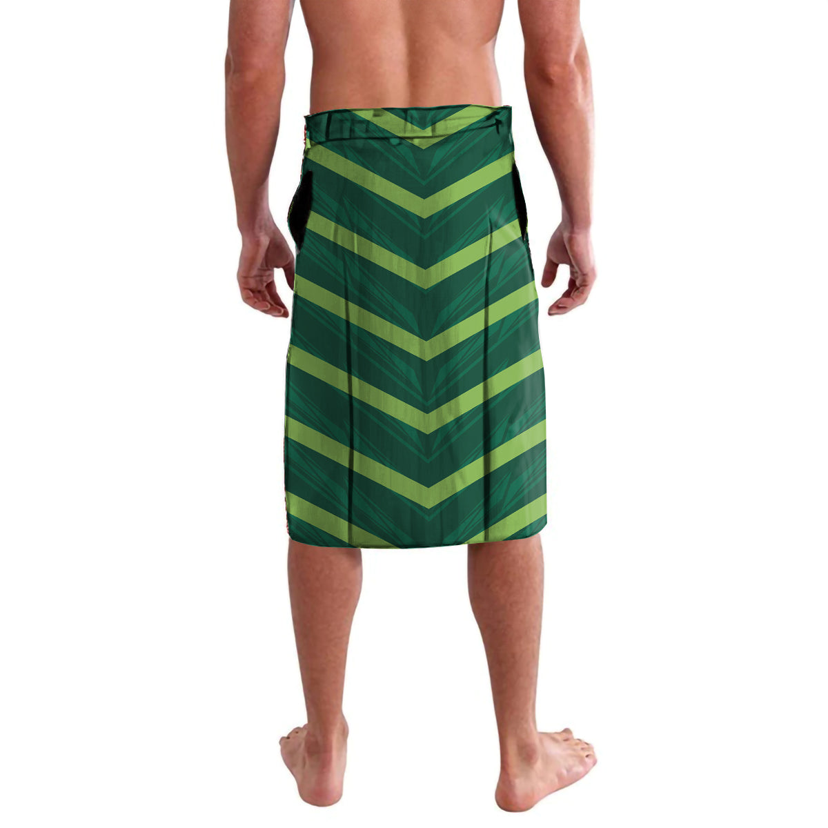 Green cricket lavalava with zigzag chevron stripes and waistband, back view