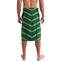 Green cricket lavalava with zigzag chevron stripes and waistband, back view