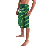 Green cricket lavalava with custom text and number 14, side view