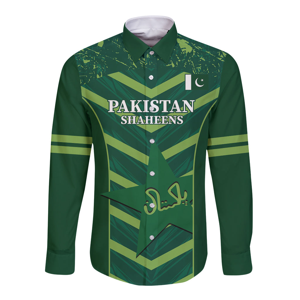 Green long-sleeve button shirt front with Pakistan Shaheens text and crest