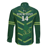 Green long-sleeve button shirt, back view with 14 and crescent logo