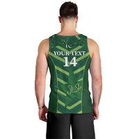 Green men's cricket tank top, back view with number 14 and custom text