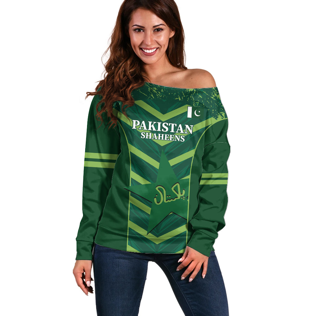 Custom Pakistan Cricket Off Shoulder Sweater 2024 World Cup Go Shaheens - Wonder Print Shop