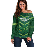 Green off-shoulder cricket sweater for women with front logo graphic