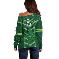 Green off-shoulder sweater with back print, number 14, long sleeves