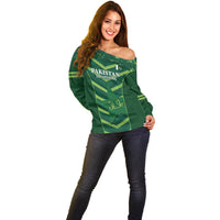 Green off-shoulder cricket sweater with front logo and diagonal stripe pattern