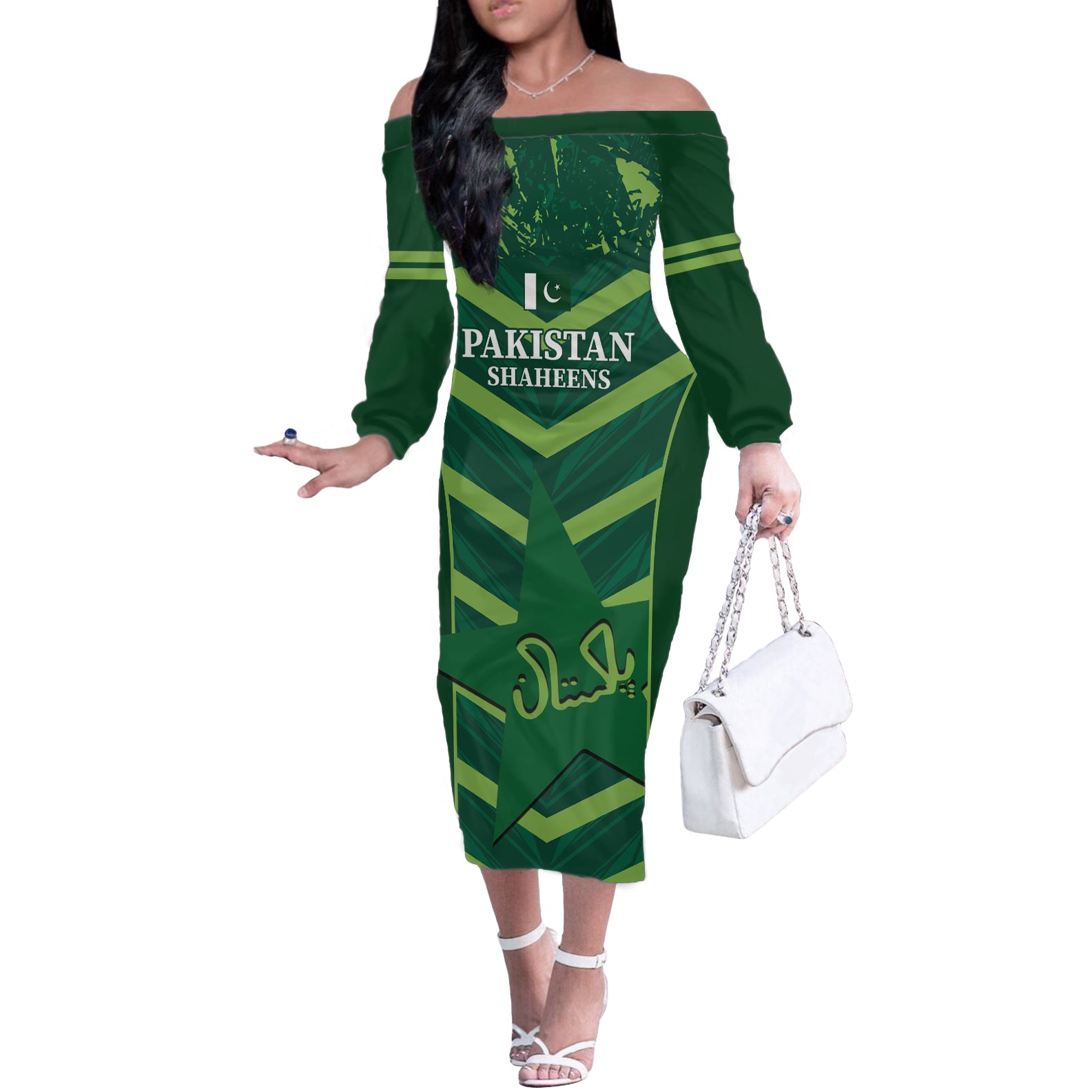 Custom Pakistan Cricket Off The Shoulder Long Sleeve Dress 2024 World Cup Go Shaheens - Wonder Print Shop