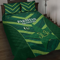 Green Pakistan Shaheens quilt bed set with matching pillow covers, geometric logo design