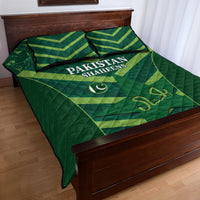 Green Pakistan Shaheens quilt bed set with two pillows, geometric patterns and crescent emblem