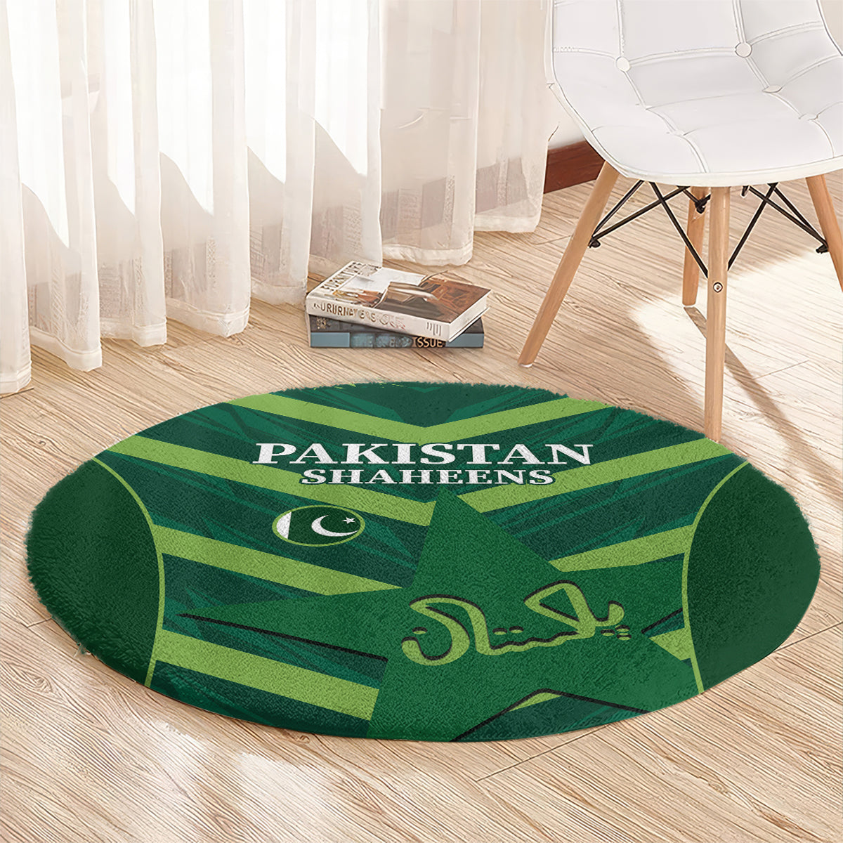 Green circular carpet with Pakistan Shaheens lettering, crescent, and calligraphy