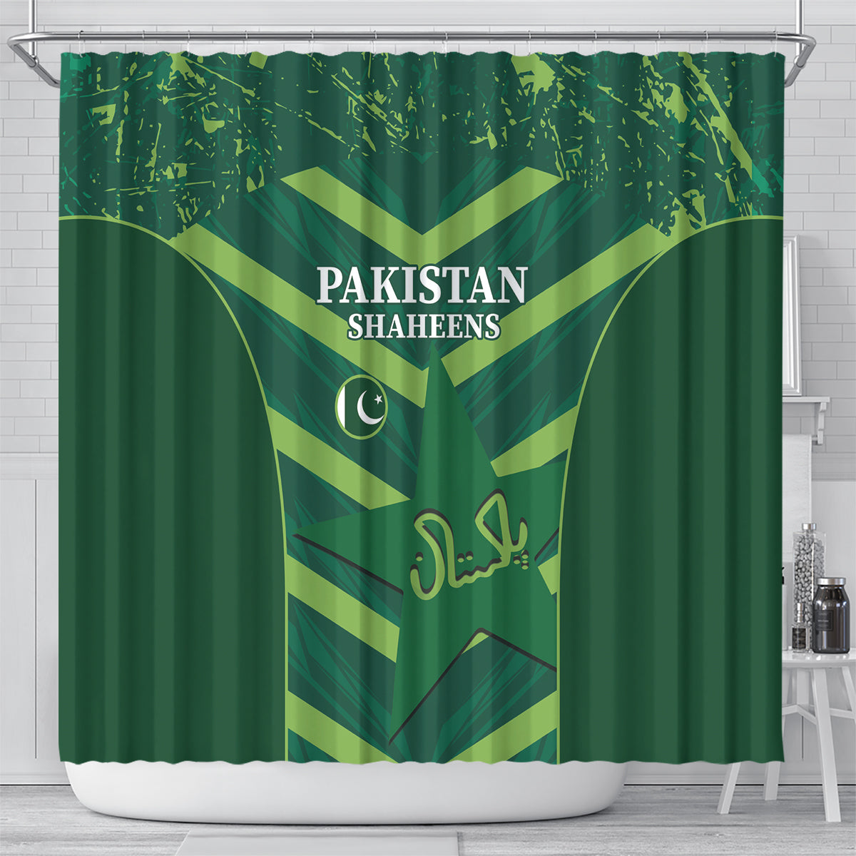 Green Pakistan Shaheens shower curtain with gold shield rays, moon icon, and Urdu name