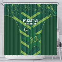 Green Pakistan Shaheens shower curtain with gold shield rays, moon icon, and Urdu name