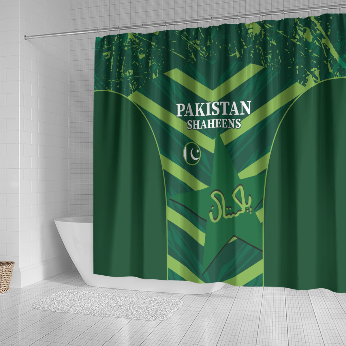 Green Pakistan Shaheens shower curtain with gold emblem and team text centered